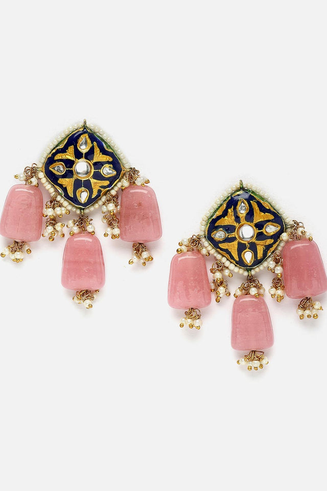 Pink And Blue Drop Earring With Kundan And Pearls