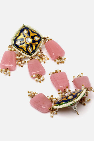 Pink And Blue Drop Earring With Kundan And Pearls