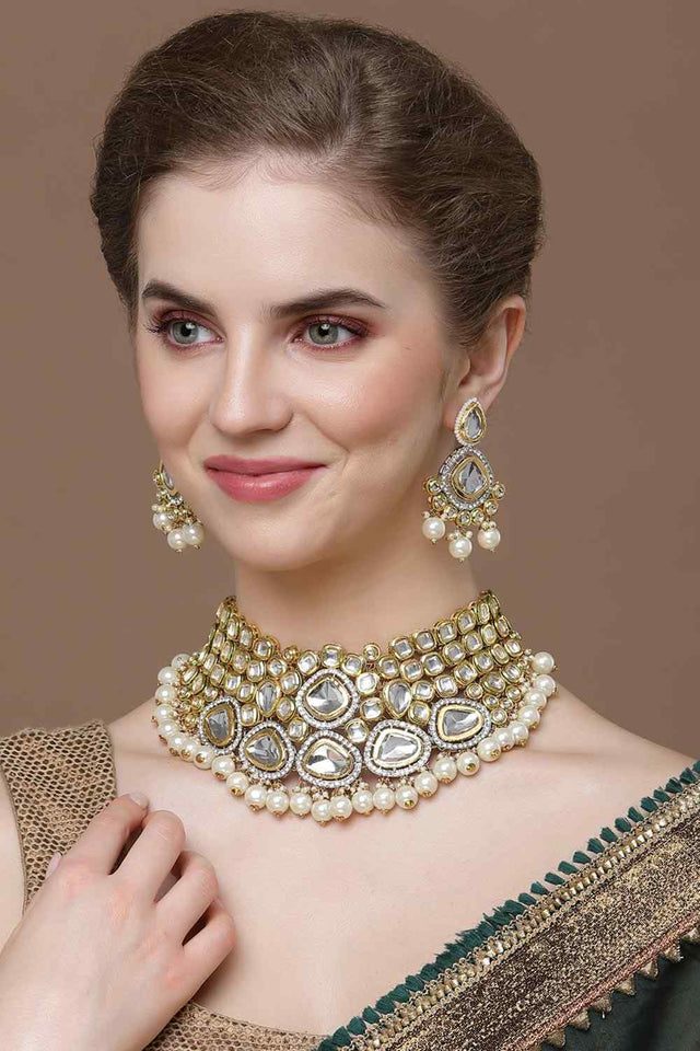 Gold And White Drop Earring With Kundan And American Diamonds