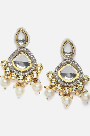 Gold And White Drop Earring With Kundan And American Diamonds