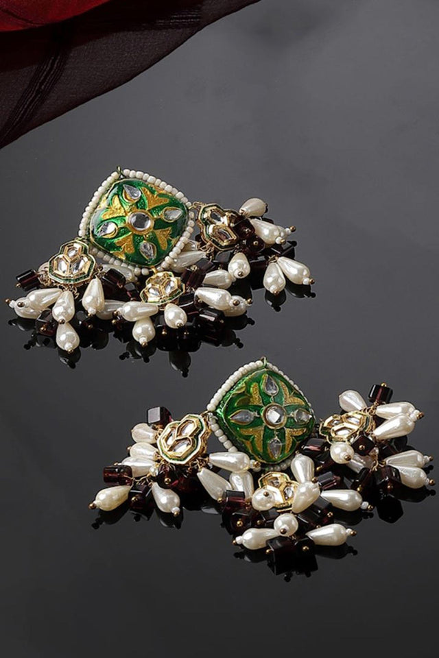 Green And Purple Drop Earring With Kundan And Pearls