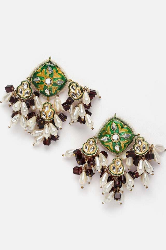 Green And Purple Drop Earring With Kundan And Pearls