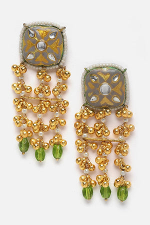 Grey And Green Drop Earring With Kundan And Pearls