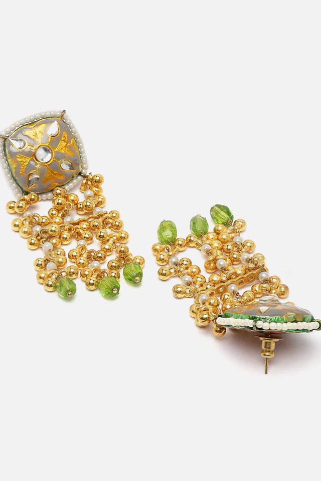 Grey And Green Drop Earring With Kundan And Pearls
