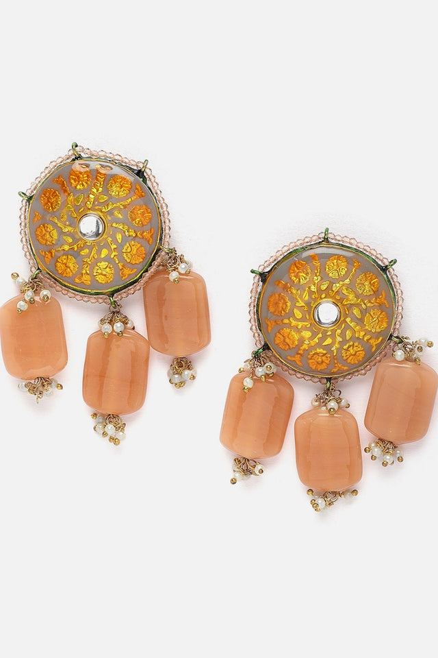 Grey And Orange Drop Earring With Kundan And Pearls