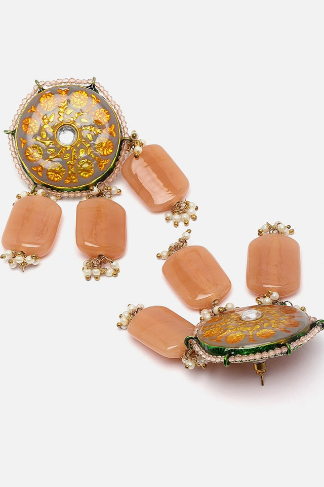 Grey And Orange Drop Earring With Kundan And Pearls