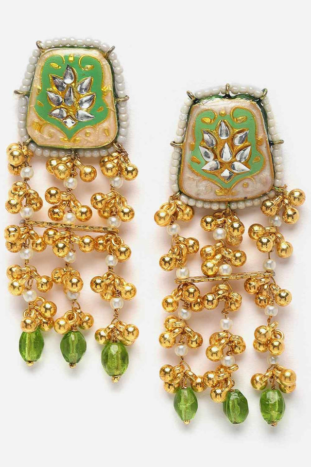 Green And Cream Drop Earring With Kundan And Pearls