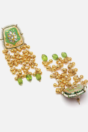 Green And Cream Drop Earring With Kundan And Pearls