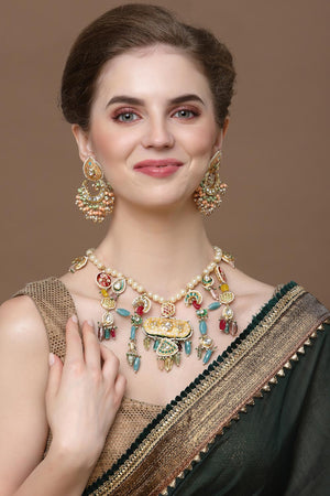 Peach And Blue Drop Earring With Kundan And Pearls