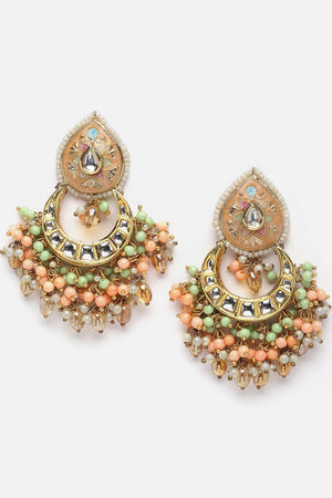 Peach And Blue Drop Earring With Kundan And Pearls