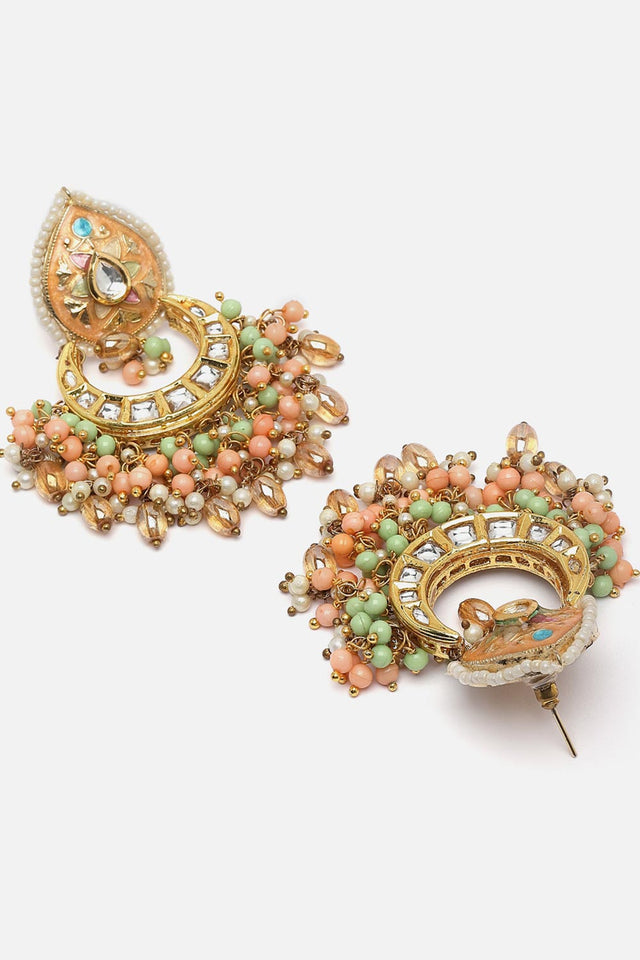 Peach And Blue Drop Earring With Kundan And Pearls