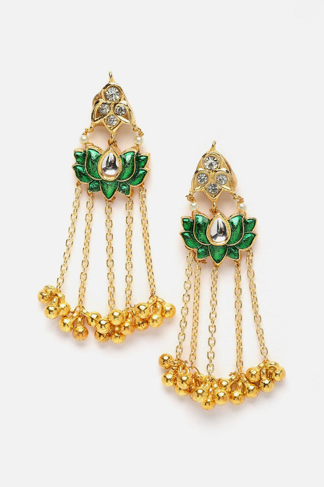 Green And Gold Drop Earring With Kundan And American Diamonds