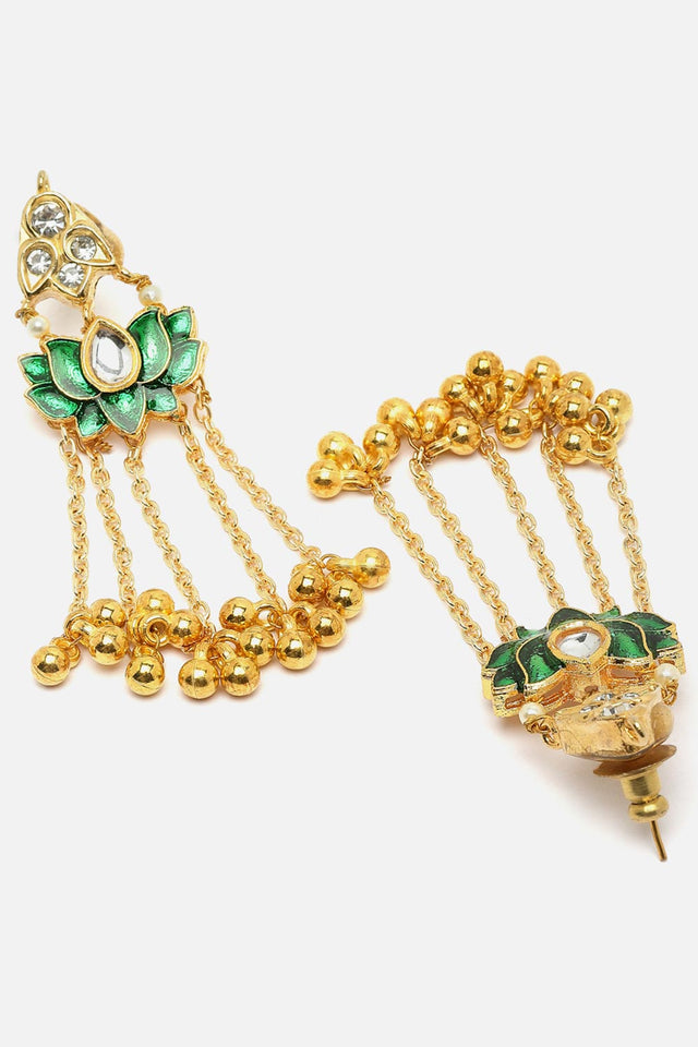 Green And Gold Drop Earring With Kundan And American Diamonds