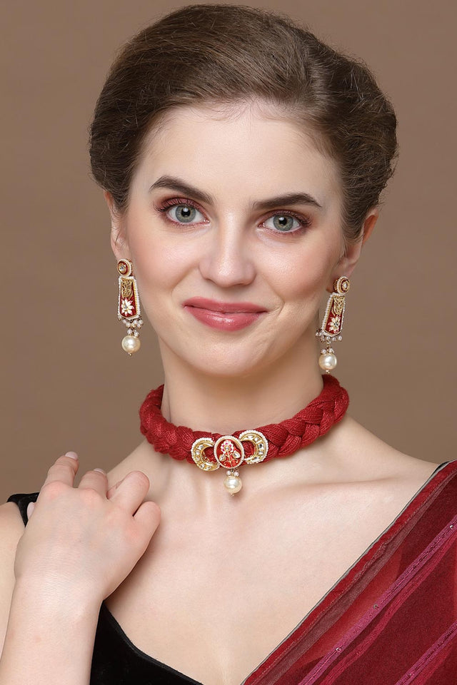 Red And Pink Drop Earring With Kundan And Pearls (DGED23116)