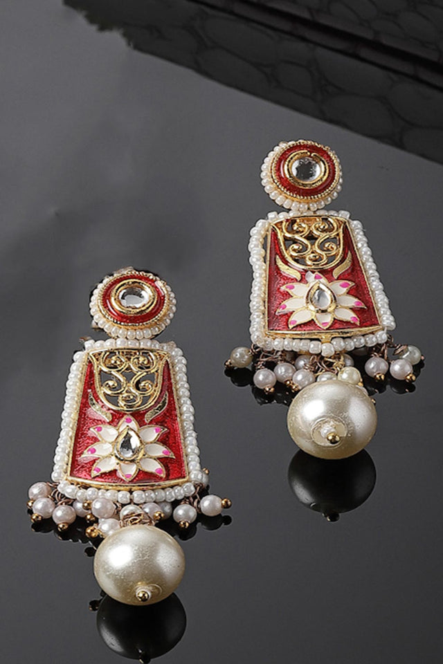 Red And Pink Drop Earring With Kundan And Pearls (DGED23116)