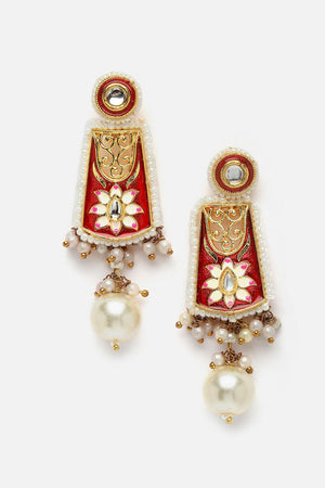 Red And Pink Drop Earring With Kundan And Pearls (DGED23116)