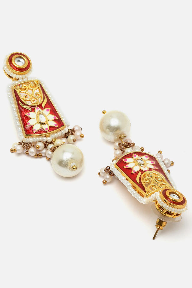 Red And Pink Drop Earring With Kundan And Pearls (DGED23116)