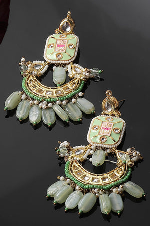 Green And Gold Drop Earring With Kundan And Pearls