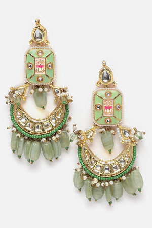 Green And Gold Drop Earring With Kundan And Pearls
