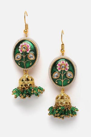 Green And Gold Drop Earring With Kundan And Pearls