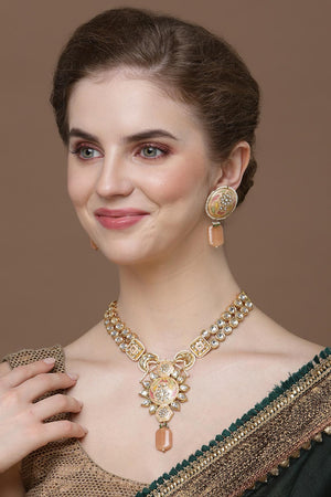 Peach And Gold Drop Earring With American Diamonds And Pearls