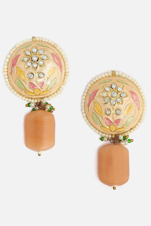 Peach And Gold Drop Earring With American Diamonds And Pearls