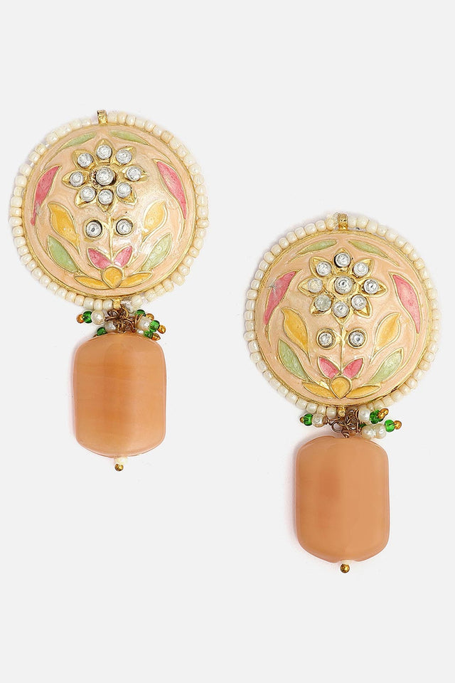 Peach And Gold Drop Earring With American Diamonds And Pearls