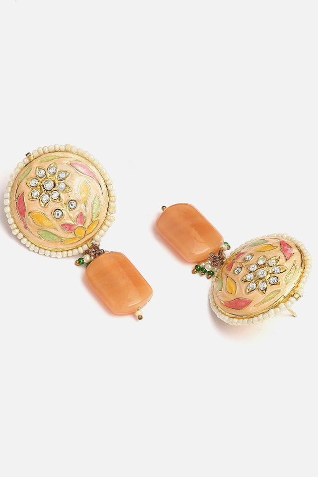 Peach And Gold Drop Earring With American Diamonds And Pearls
