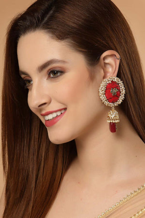 Red And Black Gold-Plated Kundan Pearls And Ruby Jhumka Earring