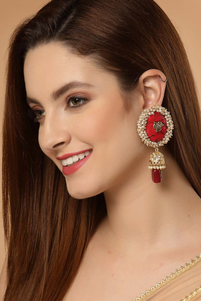 Red And Black Gold-Plated Kundan Pearls And Ruby Jhumka Earring