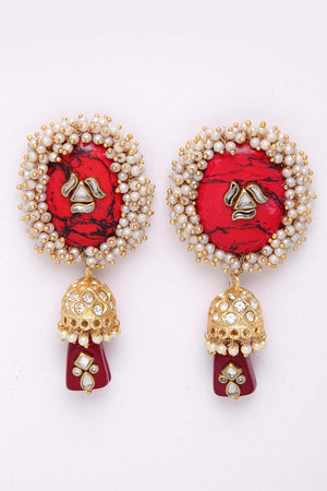 Red And Black Gold-Plated Kundan Pearls And Ruby Jhumka Earring