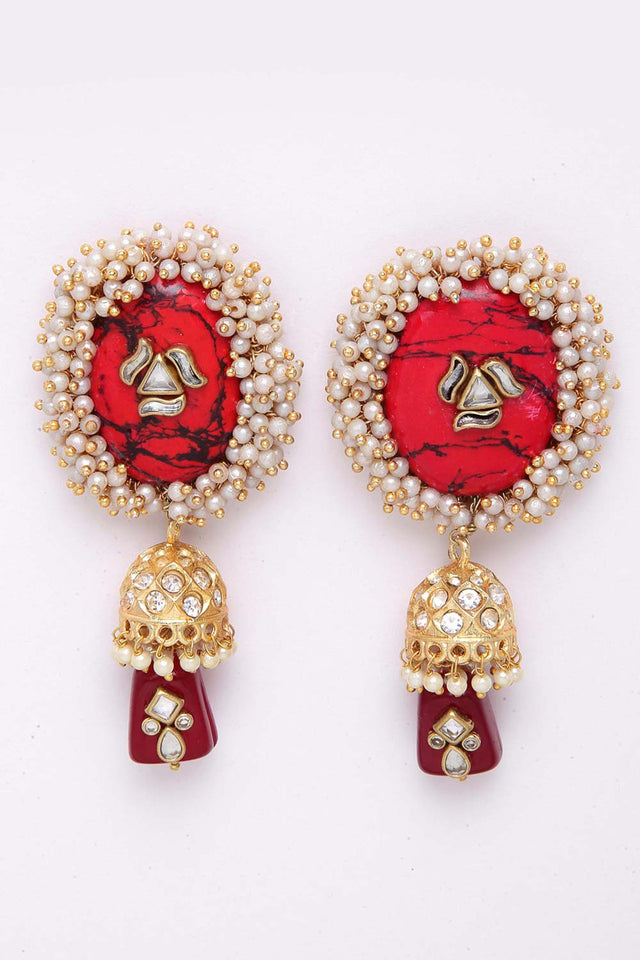 Red And Black Gold-Plated Kundan Pearls And Ruby Jhumka Earring