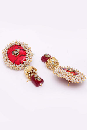 Red And Black Gold-Plated Kundan Pearls And Ruby Jhumka Earring