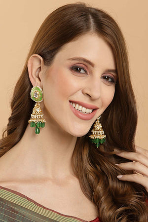 Green  Gold-Plated Kundan And Pearls  Jhumka Earring