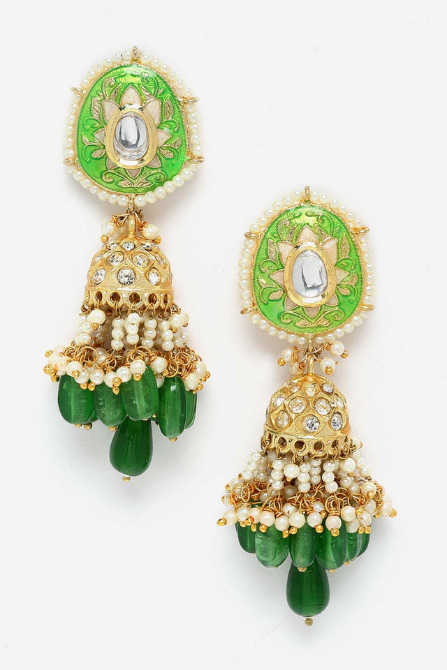 Green  Gold-Plated Kundan And Pearls  Jhumka Earring