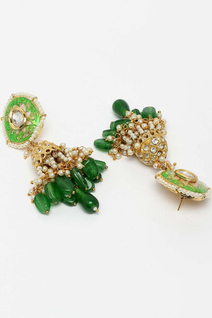 Green  Gold-Plated Kundan And Pearls  Jhumka Earring