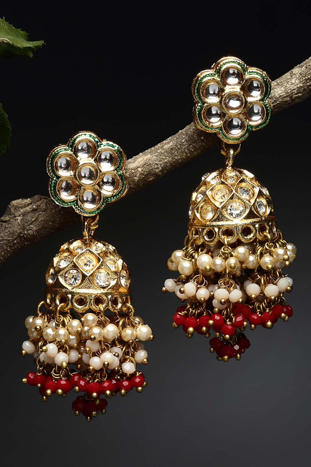 Multi Color Gold-Plated Kundan Diamonds And Pearls Jhumka Earring