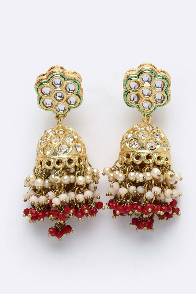 Multi Color Gold-Plated Kundan Diamonds And Pearls Jhumka Earring