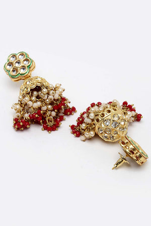 Multi Color Gold-Plated Kundan Diamonds And Pearls Jhumka Earring