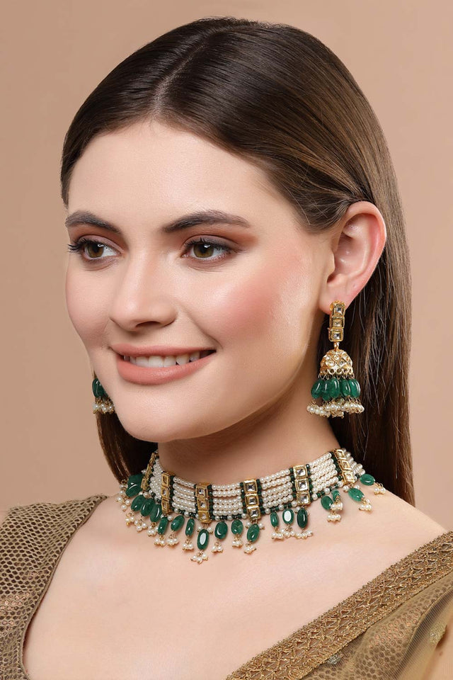 Green And Cream Gold-Plated Kundan Diamonds And Pearls Jhumka Earring