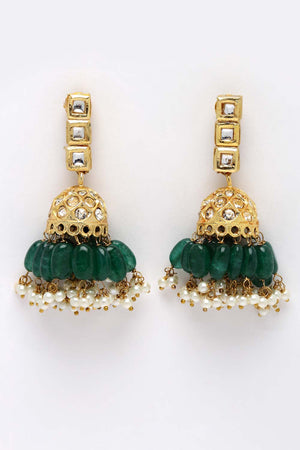 Green And Cream Gold-Plated Kundan Diamonds And Pearls Jhumka Earring