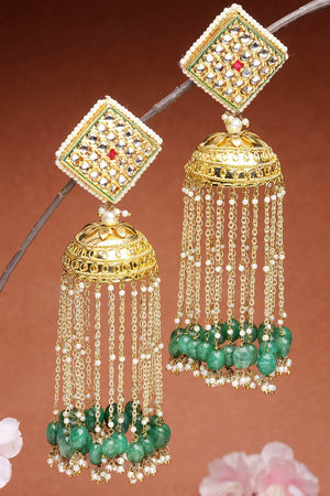 Green And Gold Gold-Plated Kundan And Pearls Jhumka Dangling
