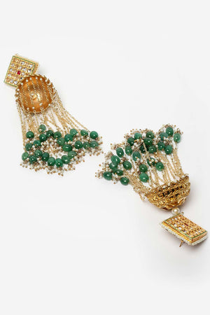 Green And Gold Gold-Plated Kundan And Pearls Jhumka Dangling