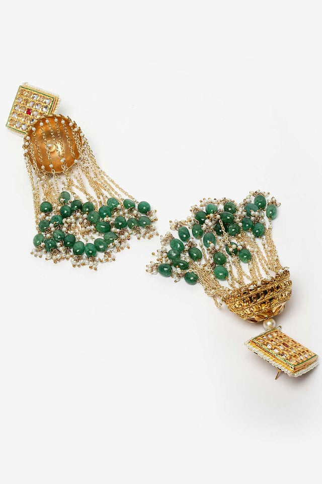 Green And Gold Gold-Plated Kundan And Pearls Jhumka Dangling