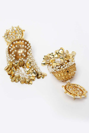Gold And White Gold-Plated Kundan And Pearls Jhumka Dangling