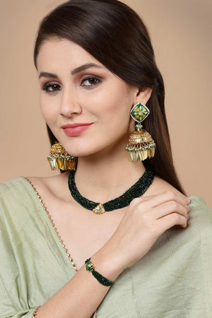 Green And Gold Gold-Plated Kundan And Pearls Jhumka Dangling