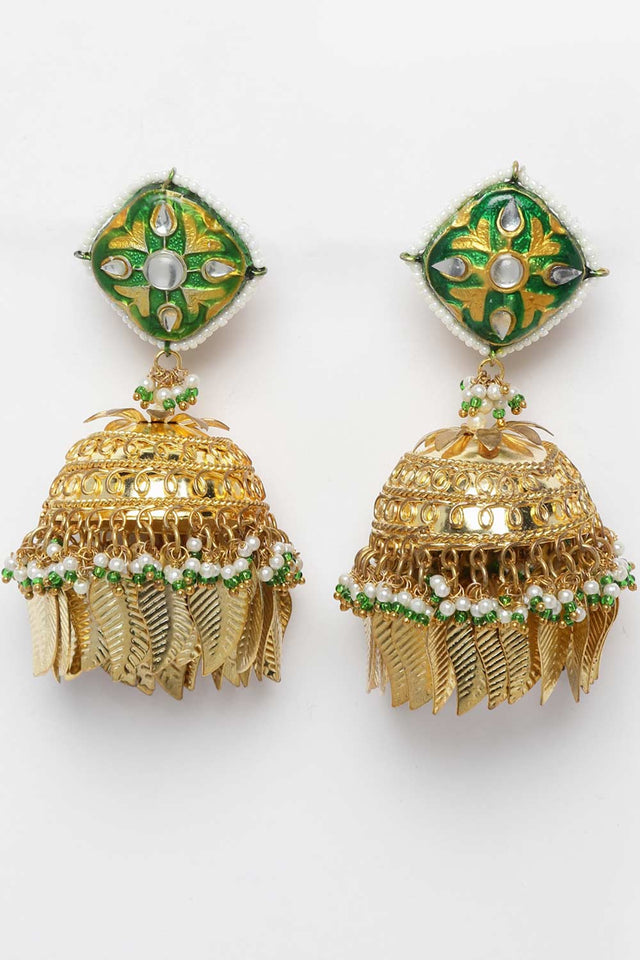 Green And Gold Gold-Plated Kundan And Pearls Jhumka Dangling