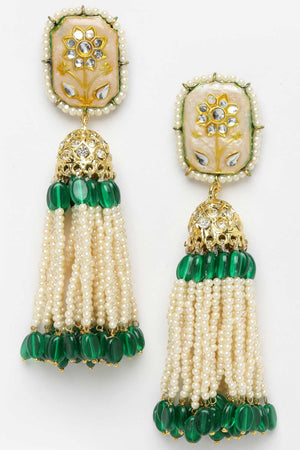 Cream And Green Gold-Plated Kundan And Pearls Jhumka Dangling