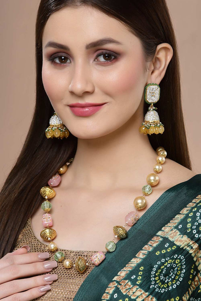 Yellow And Green Gold-Plated Kundan And American Diamonds Jhumka Dangling