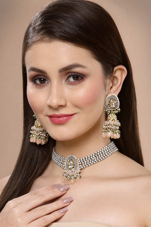 Pink And Grey Gold-Plated Kundan And American Diamonds Jhumka Dangling